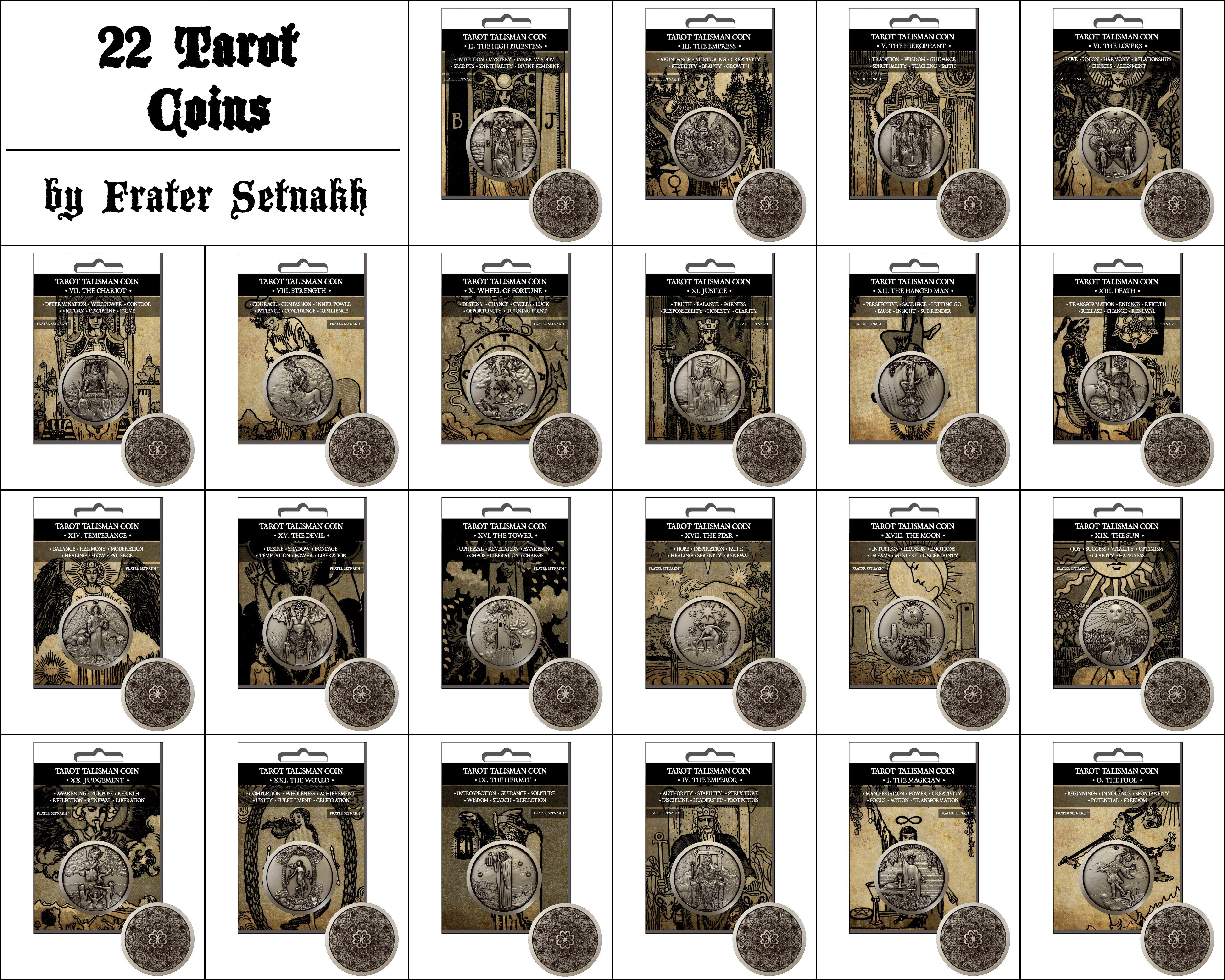 22 Tarot Coins with 22 Descriptive Cards + PVC Foil | Retailers: Apply to receive wholesale discounts up to 50%
