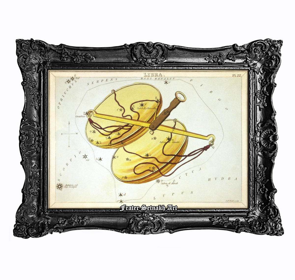 The image is a framed artwork depicting a detailed illustration of a pair of golden scales or weights, with intricate designs and patterns.