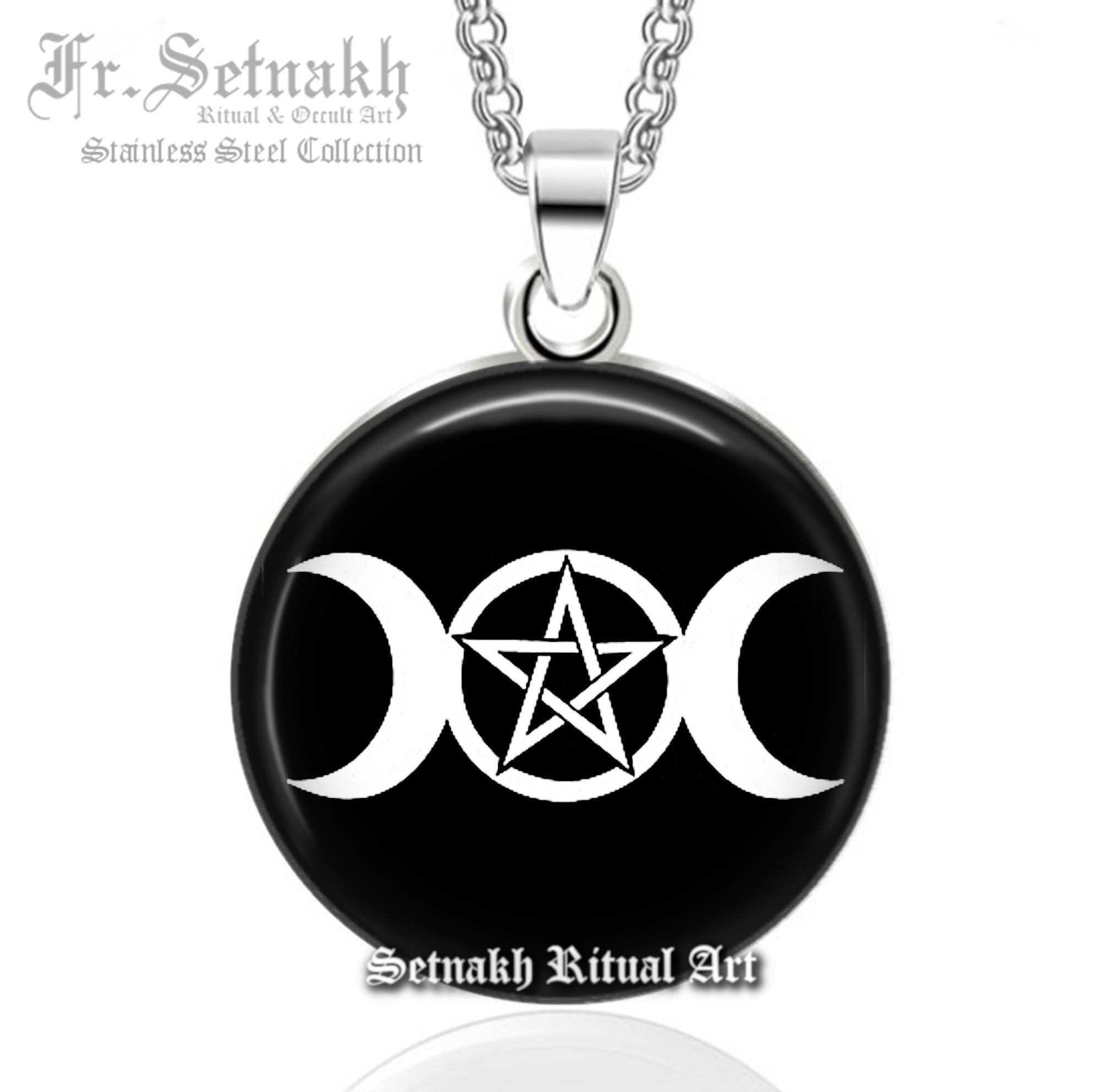 Triple Moon Pentagram Talisman - Pendant Necklace - Handcrafted Wiccan Pagan Lunar Amulet - Enchanted Crescent + Full Moon Jewelry #109