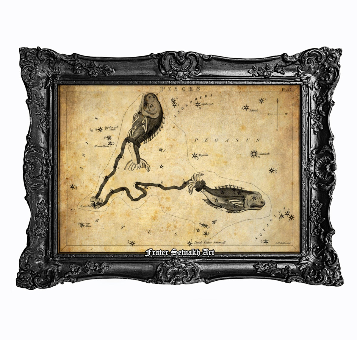 The image is a framed vintage map depicting celestial bodies, including a fish and a bird, with star patterns and a decorative border.