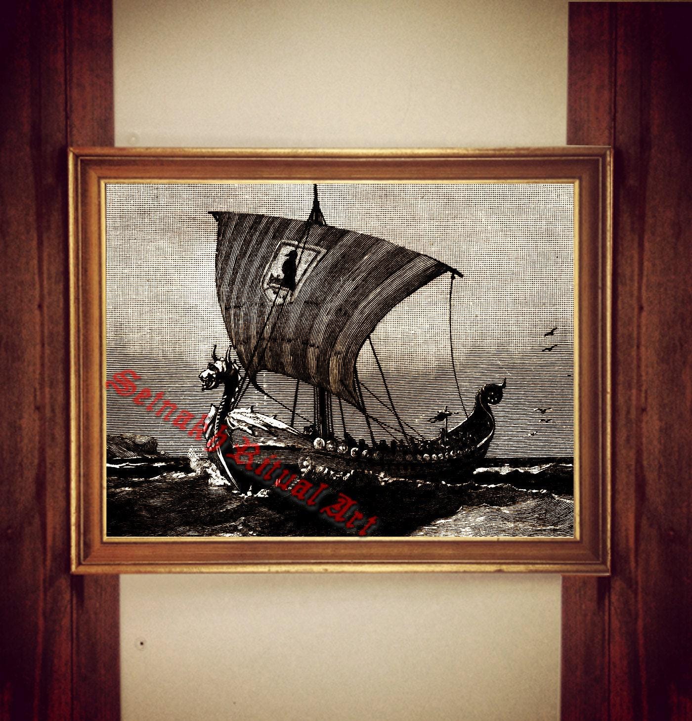 Viking ship poster, nordic print, Vikings poster, norse art print, scandinavian home decor, norse print, ocean, mythology, dragon boat #353