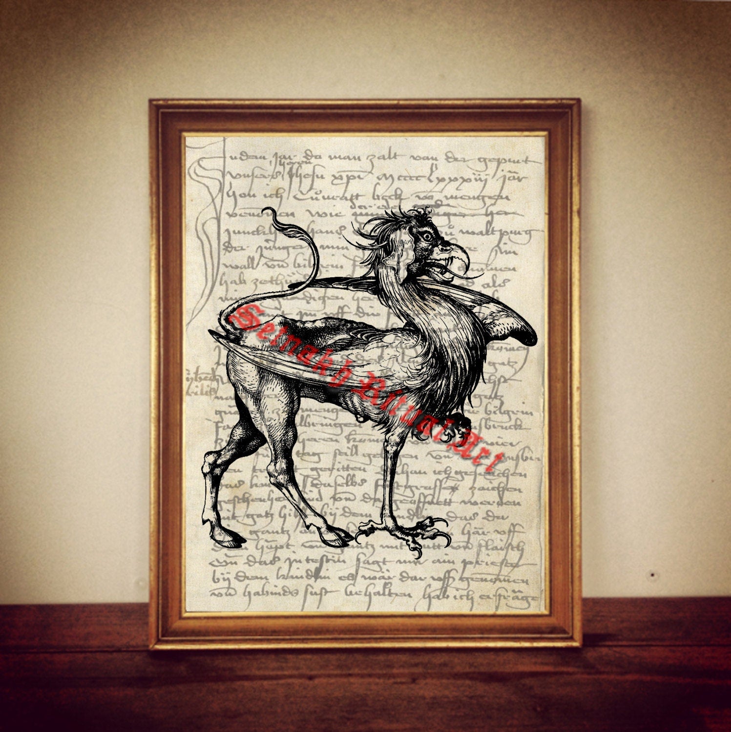 Griffin art print, mythological creature poster, bestiary, medieval, occult illustration, fantasy art, antique steampunk home decor #374