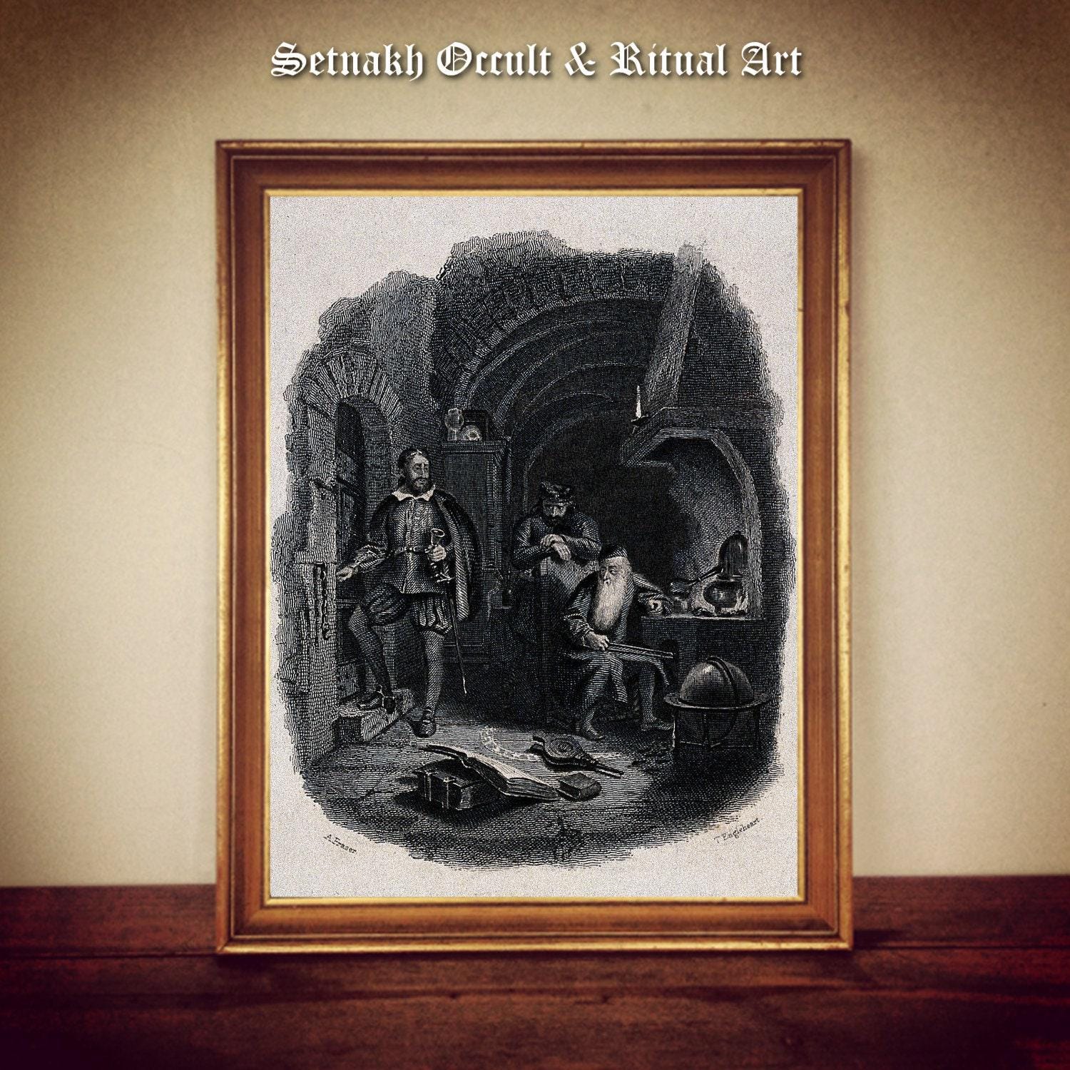 An old wizard sitting within a magic circle at his desk visited by a nobleman, witchcraft print, magic, dark art, occult poster #W82