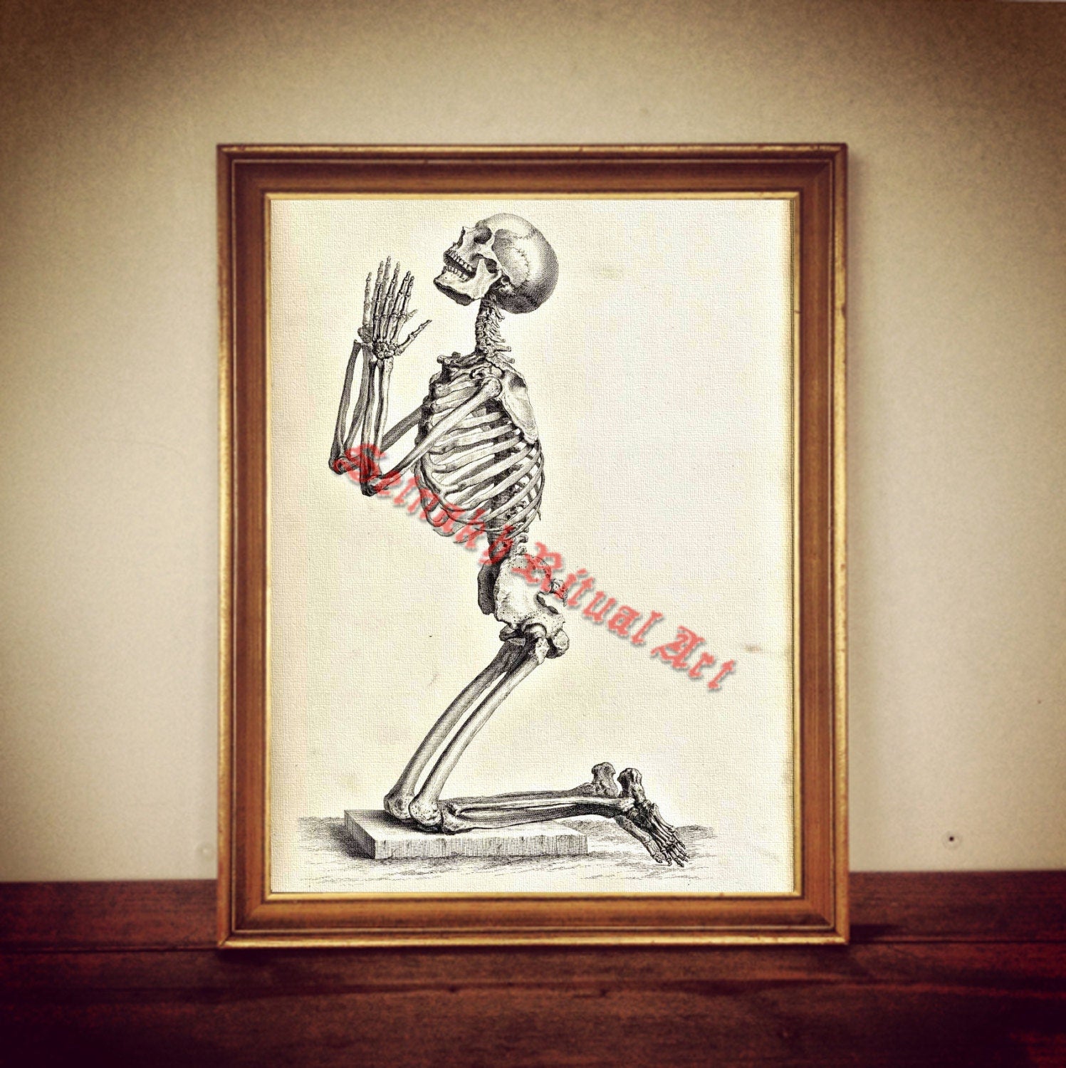 Praying skeleton, occult print, skull poster, victorian macabre, halloween decor, demonic skull art, bizarre home decor #446