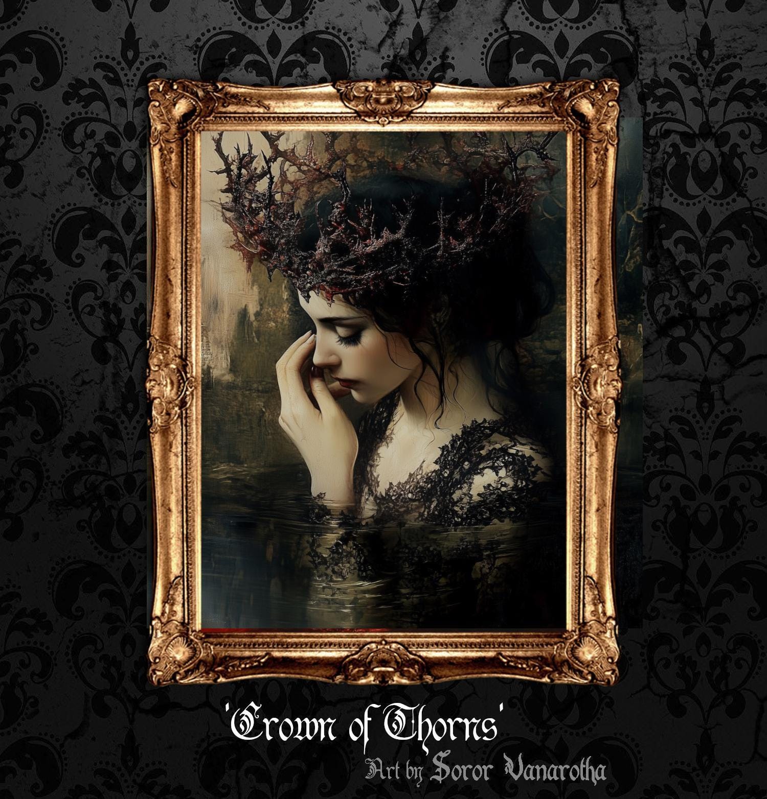 Crown of Thorns Art Print - Gothic Portrait of Woman in Thorn Crown, Dark Religious Symbolism, Emotional Wall Decor, Gothic Art #SV6