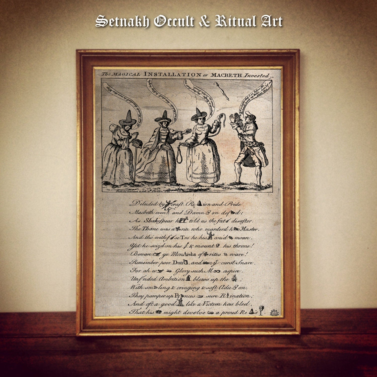 Three witches tell Macbeth  that he will be king and another, holding a noose, says he will be Knight,  witchcraft print, occult poster #W68