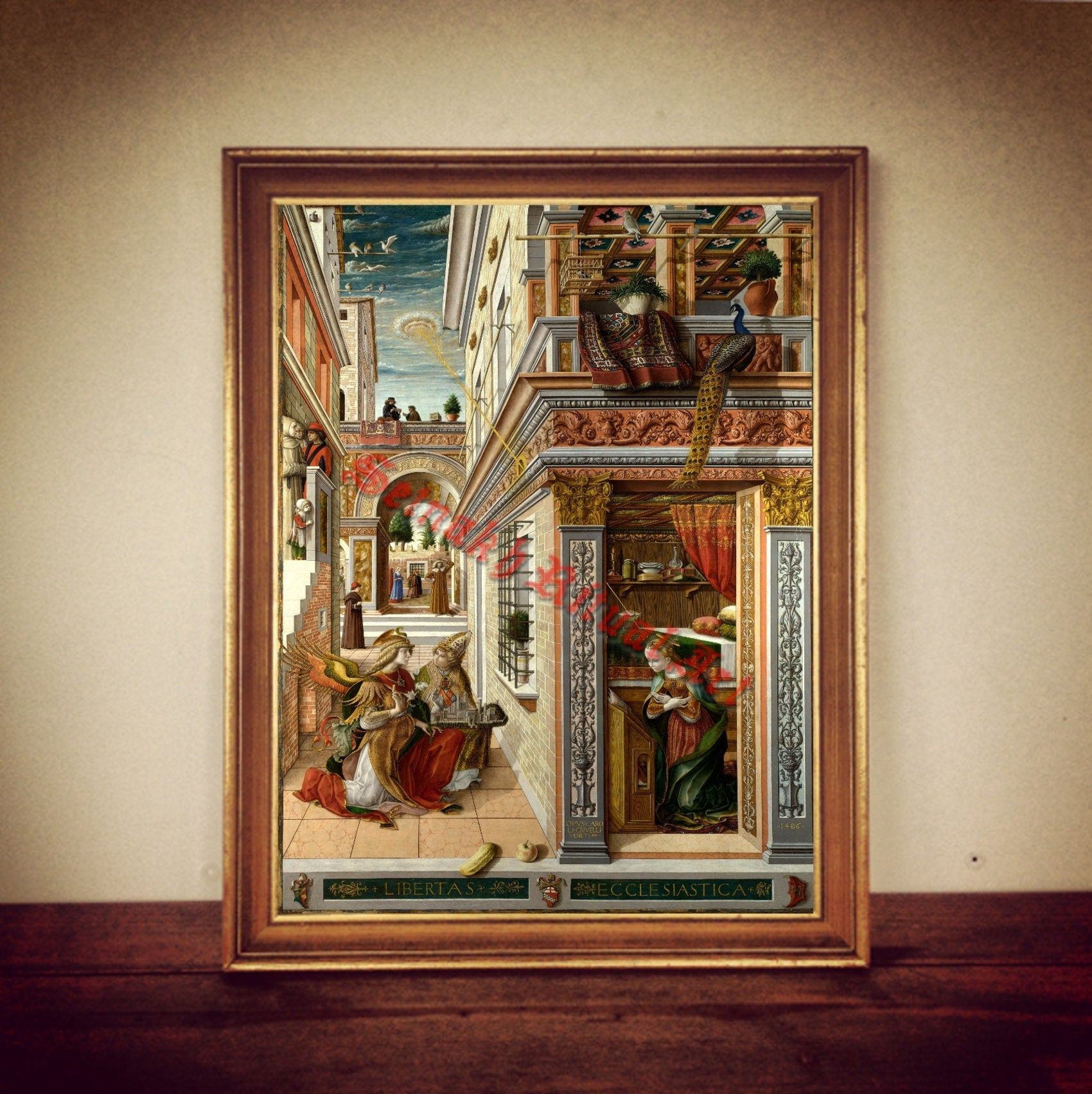 Mary's impregnation by the Holy Spirit, Annunciation, with Saint Emidius print, Mary poster, christian art print, UFO, ancient aliens #509