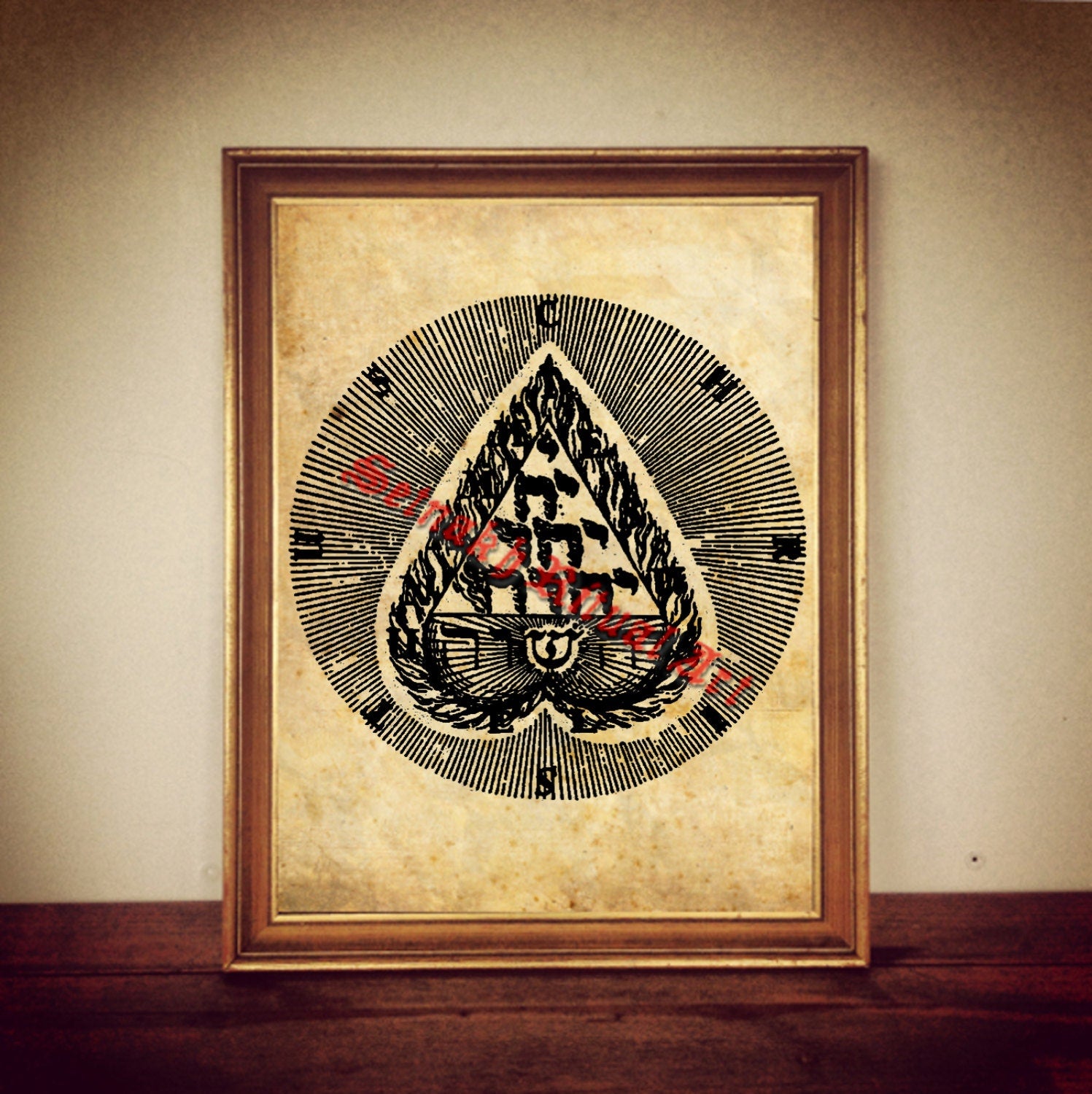 Tetraklys print, heart illustration, occult symbol, esoteric art, Jakub Boehme poster, Christian Kabbalistic diagram, Cabala #301