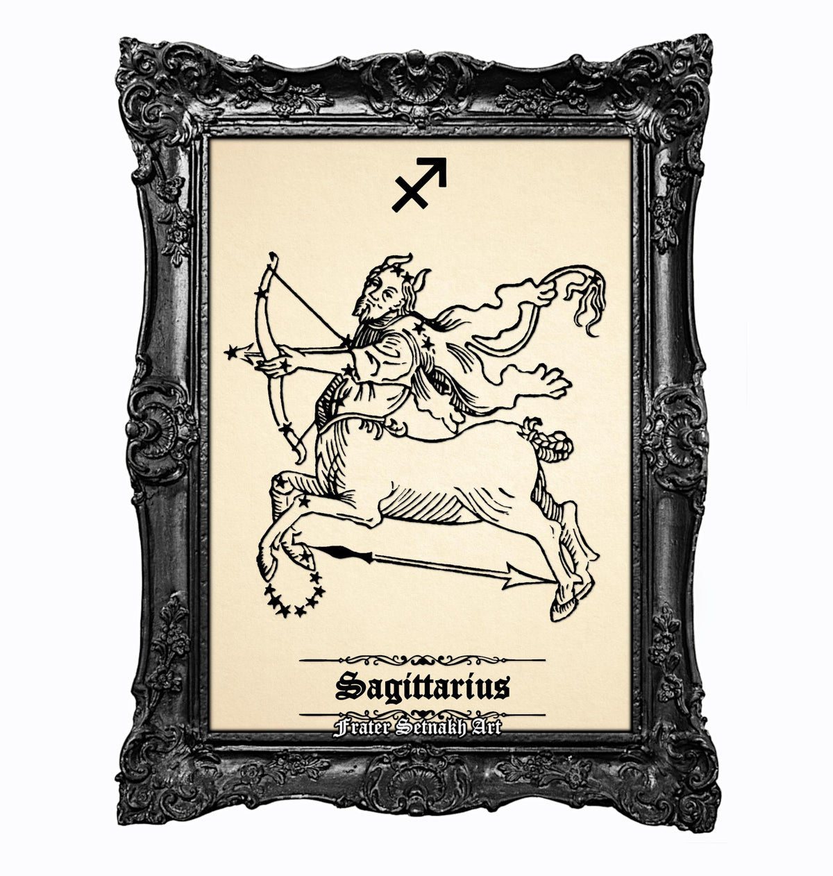 a framed illustration of a Sagittarius zodiac sign, depicting a person riding a rearing horse.