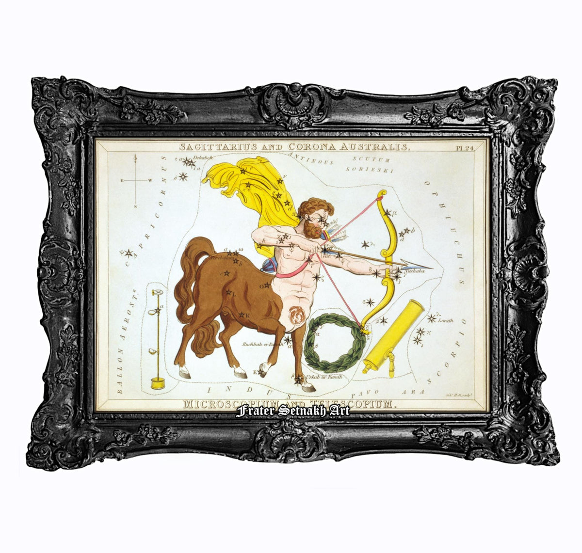 The image is a framed illustration depicting a man with a bow and arrow, accompanied by a brown horse, all set against a starry night sky background.