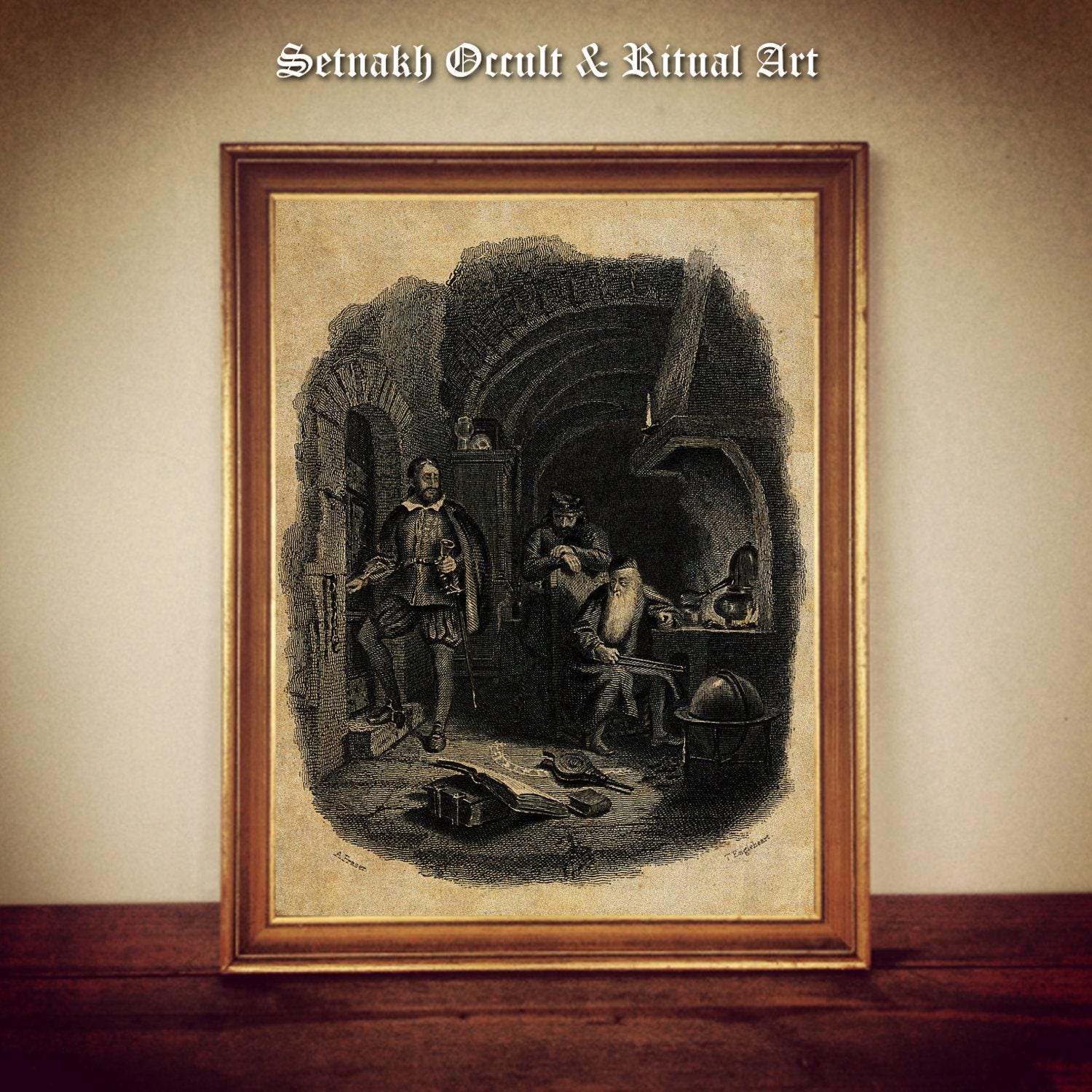 An old wizard sitting within a magic circle at his desk visited by a nobleman, witchcraft print, magic, dark art, occult poster #W82