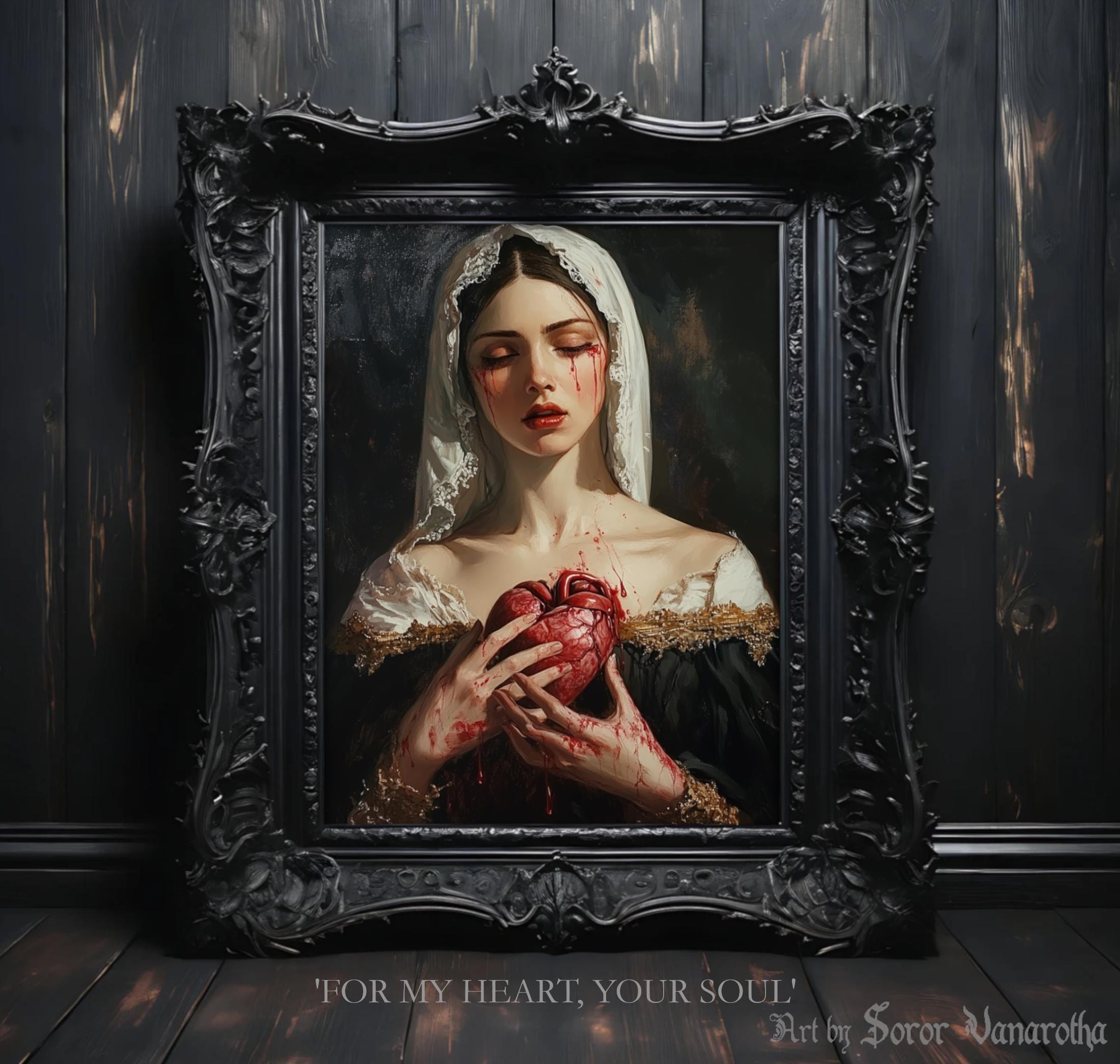 For My Heart, Your Soul Art Print - Gothic Portrait of Woman with Bleeding Heart and Bloody Tears, Dark Macabre Wall Decor SV3