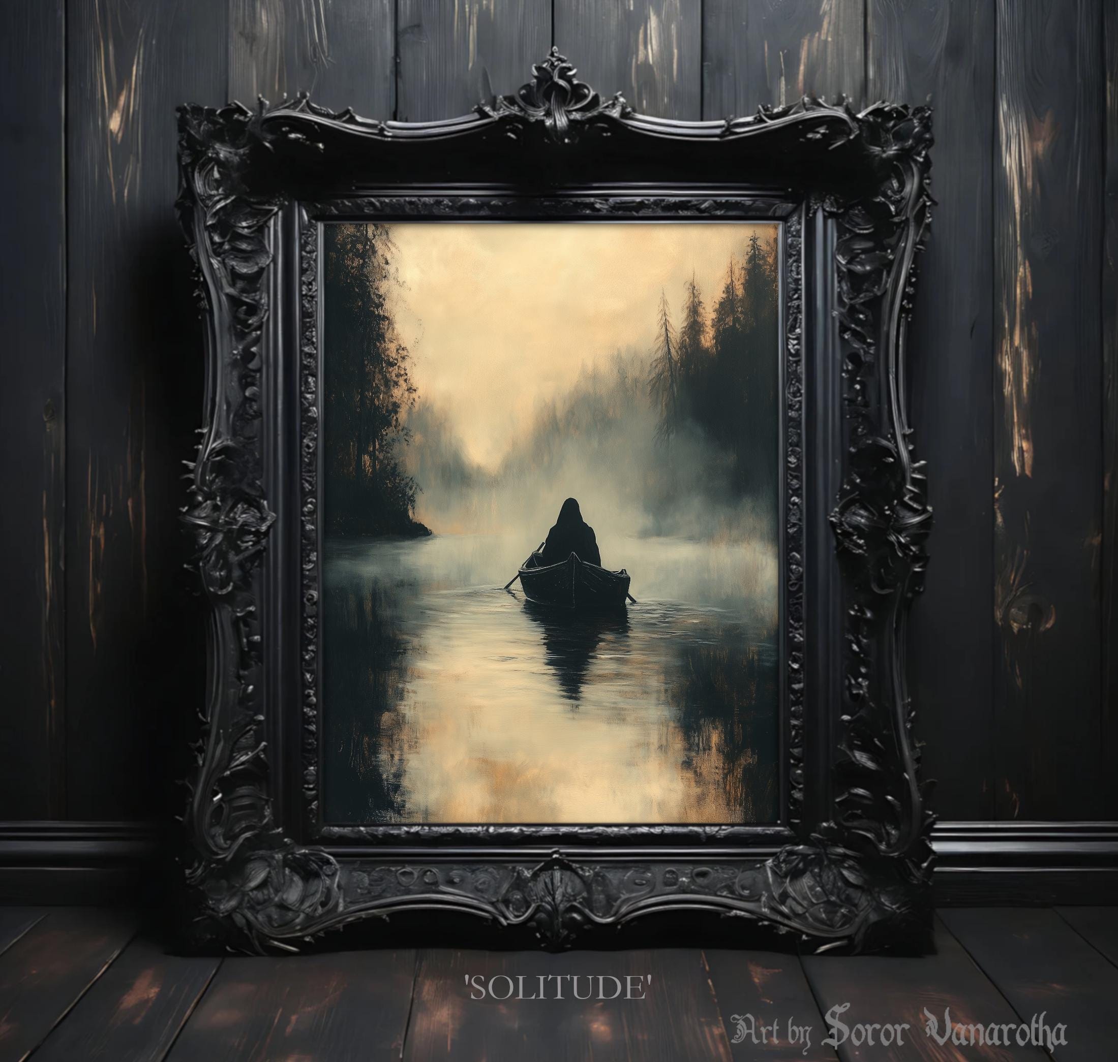 Solitude Hooded Figure on a Boat Print – Haunting and Mysterious Lake Scene for Dark Fantasy, Gothic Decor, Atmospheric Wall Art #SV29