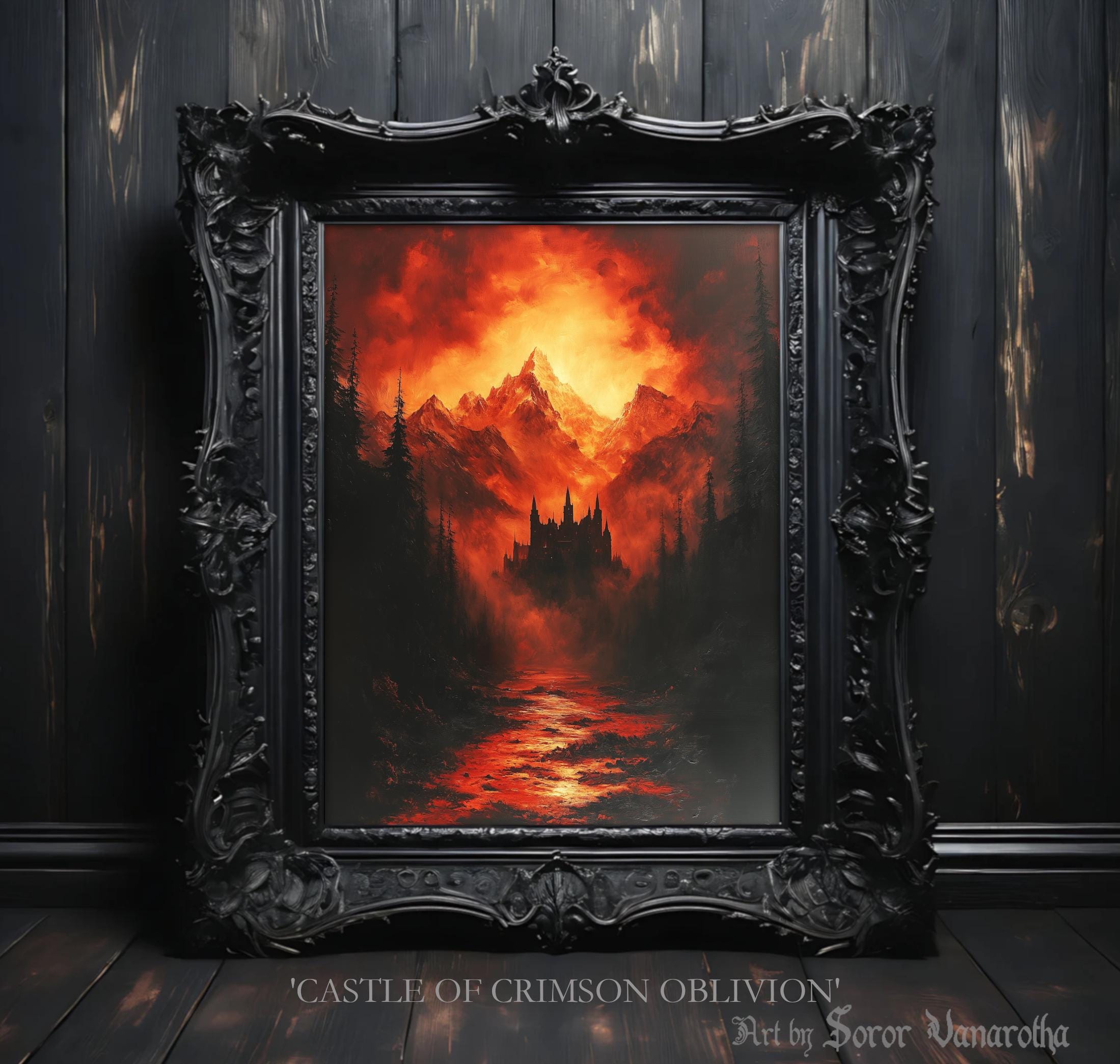Castle of Crimson Oblivion Print – Dark Gothic Castle Art at Sunset – Spooky Fantasy Wall Art – Haunted Castle Fine Art – Gothic Decor #SV25