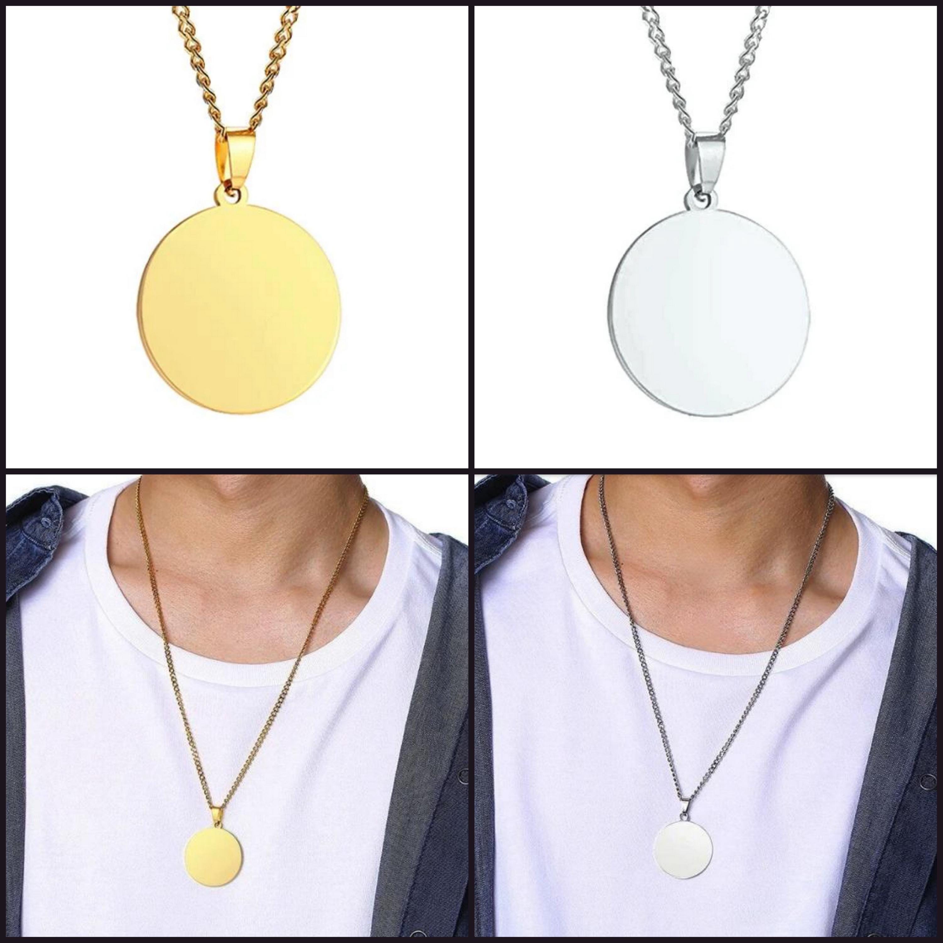 four different images of a man wearing a necklace