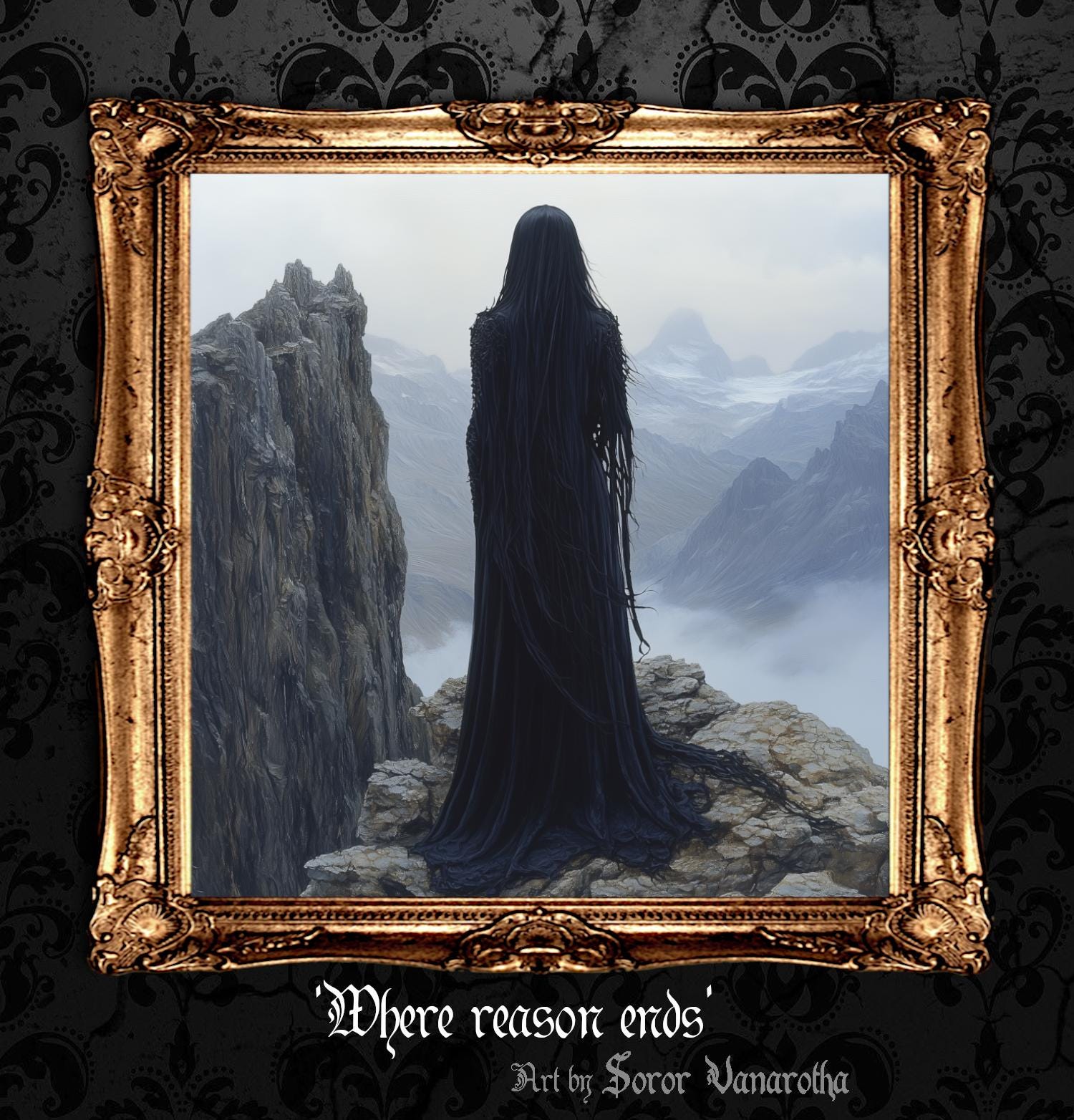 Gothic Art - Where Reason Ends Art Print - Woman Standing at Cliff Edge in Mountains, Surreal Landscape, Emotional Wall Decor, #SV4