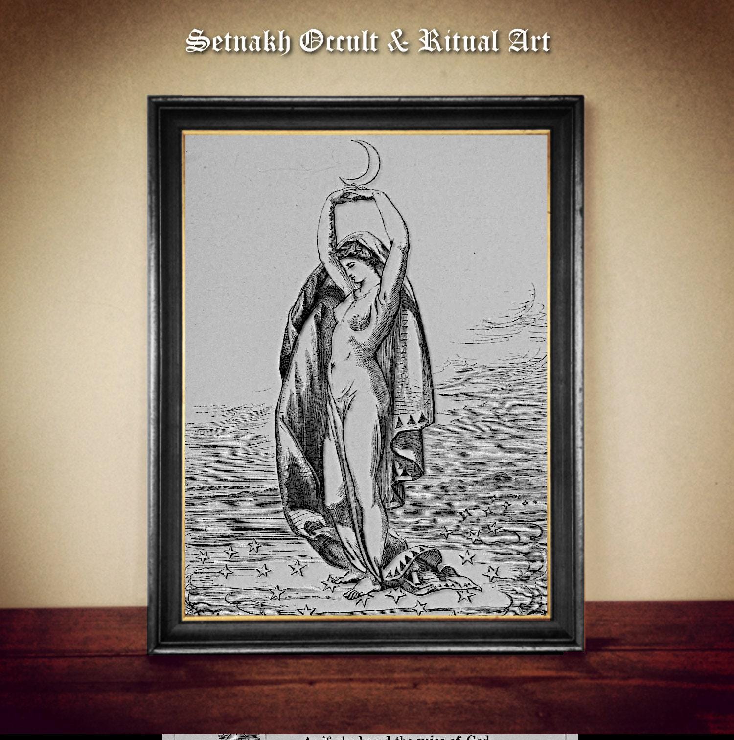Moon Witch art, High Priestess print, vintage, dark art, occult poster, gothic home decor, witchcraft, witch print, wiccan art #W116