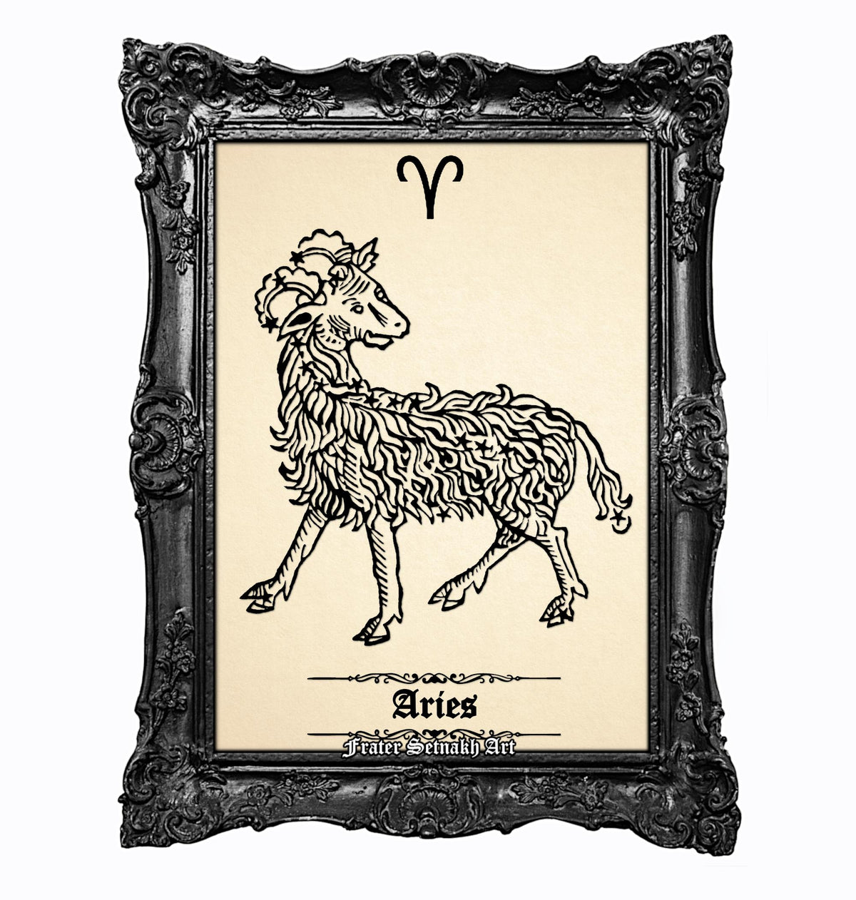 a framed illustration of a ram, which is a symbol associated with the zodiac sign Aries.