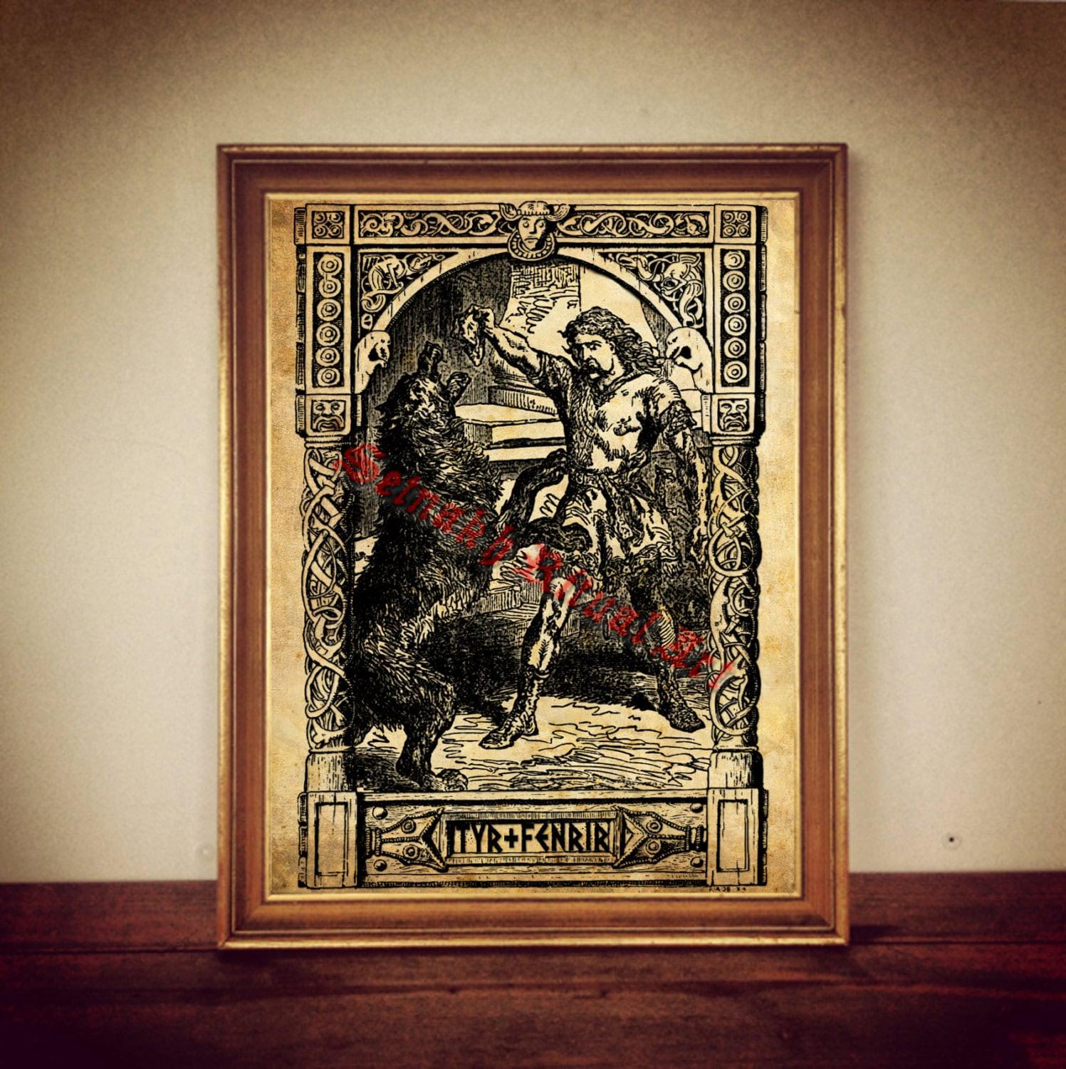 Viking art, Tyr feeding Fenrir wolf, Nordic print, Scandinavian poster #437