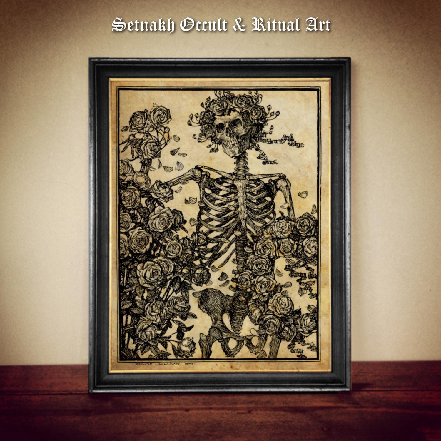 The Flower Forever Dies Print, Skeleton with Roses, Edmund J. Sullivan 1900, Gothic Art, Dark Academia, Vintage Poster, Memento Mori