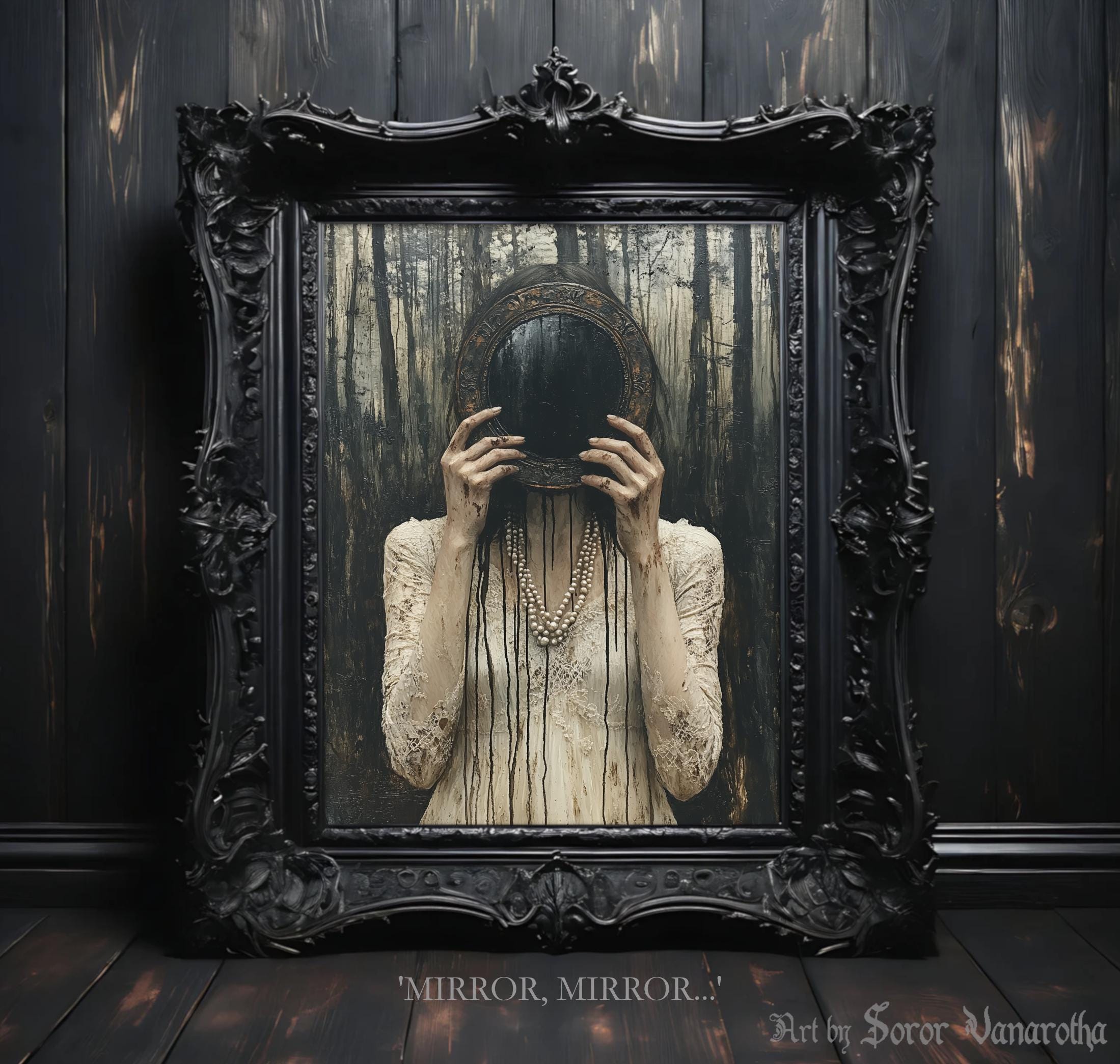 Mirror, Mirror Art Print - Woman Hiding Face with Mirror, Surreal Wall Art, Dark Gothic Decor, Mysterious Fine Art Print #SV15