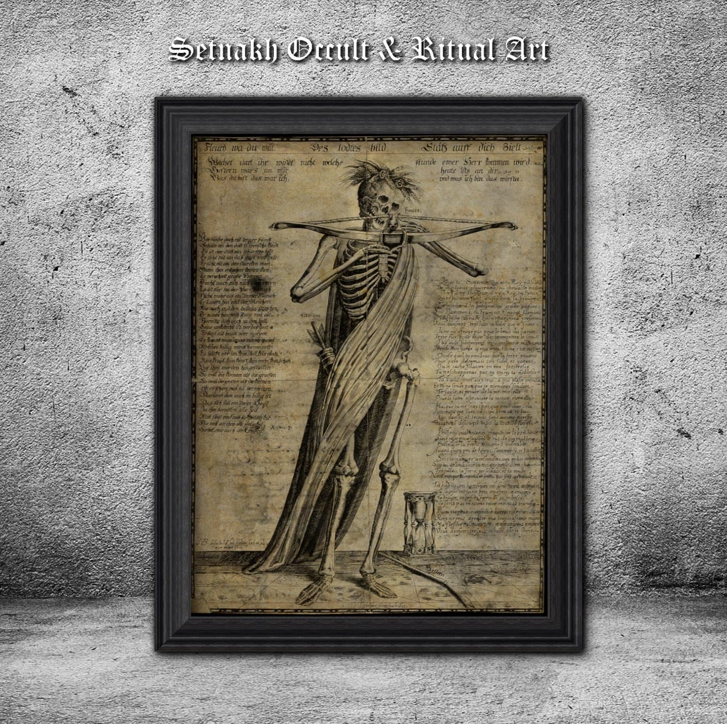 Skeleton with Bow and Arrow Print, 1673 Etching Reproduction, Gerhart Altzenbach Art, Gothic Decor, Dark Academia, Handmade Paper or Canvas