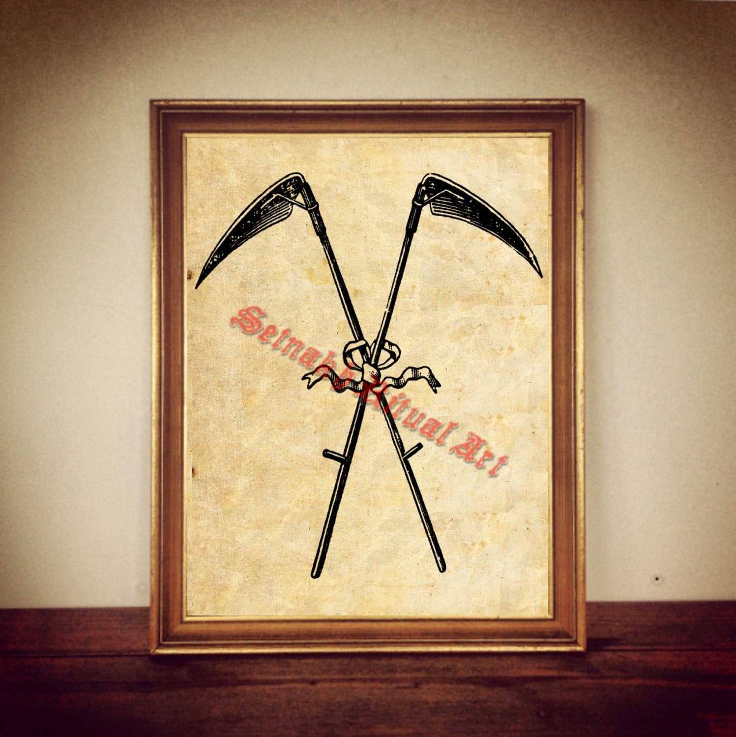 Crossed scythes, Death Reaper, antiqued print, Occult, altar decor, Voodoo print, magic poster, gothic art  #443