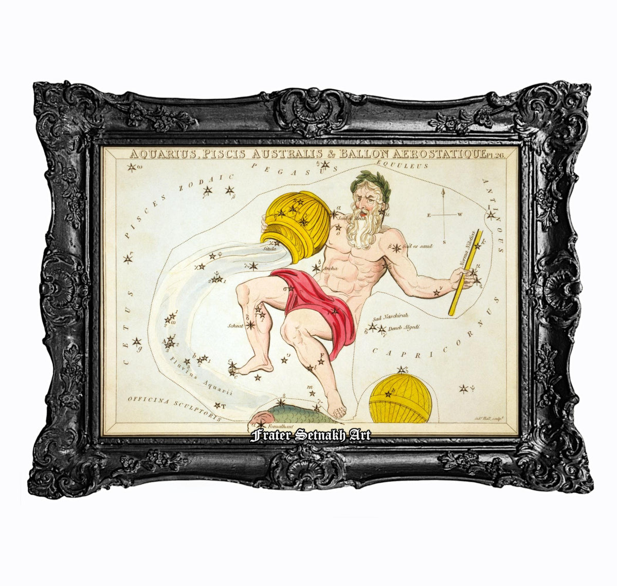 The image is a framed illustration depicting a muscular man in a red skirt, holding a yellow bucket, surrounded by stars and celestial bodies.