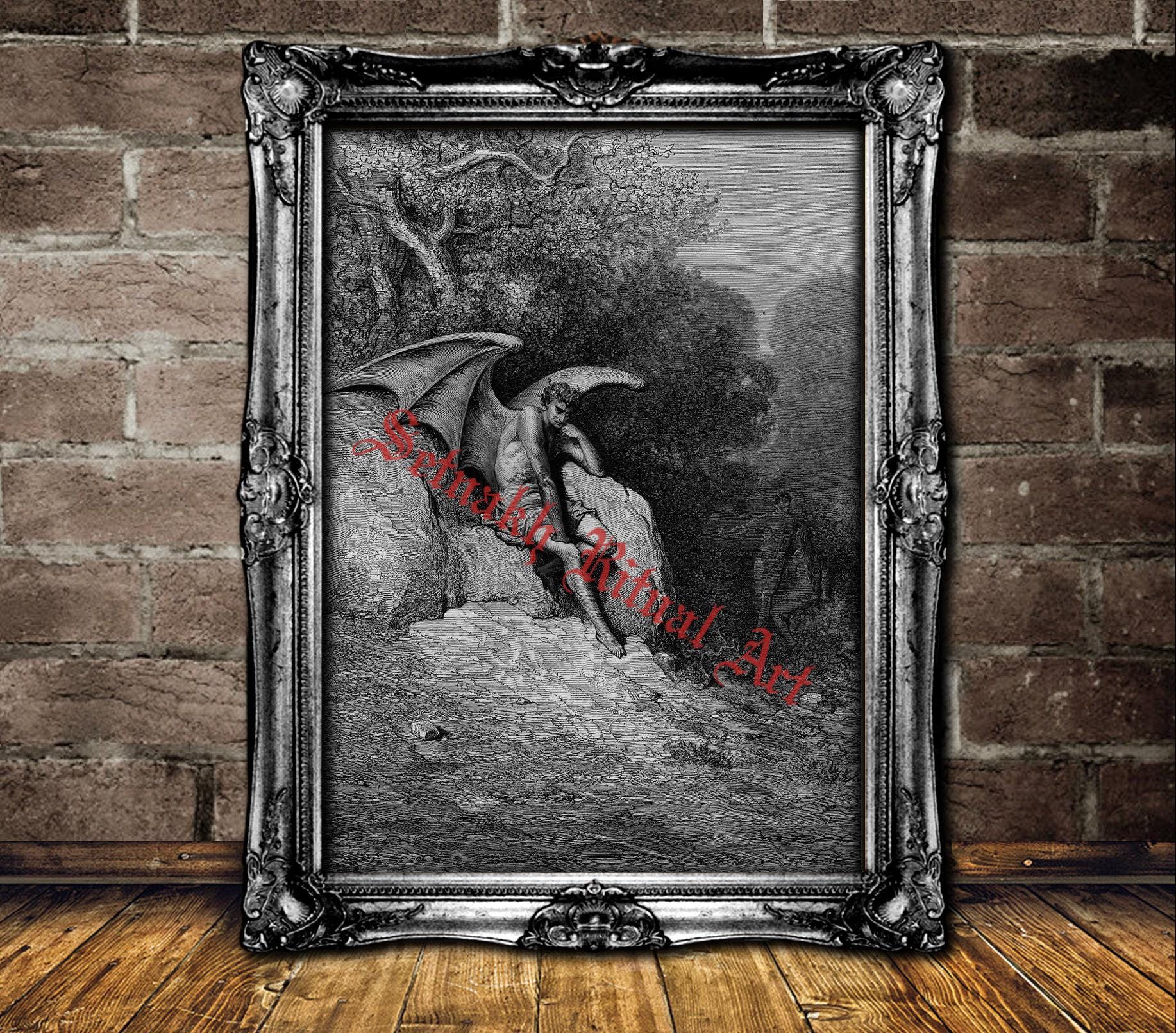 Lucifer the Fallen Angel print, Gustav Dore, Satan in Eden poster, occult, satanic design, Luciferian path, left hand path, altar paint #107