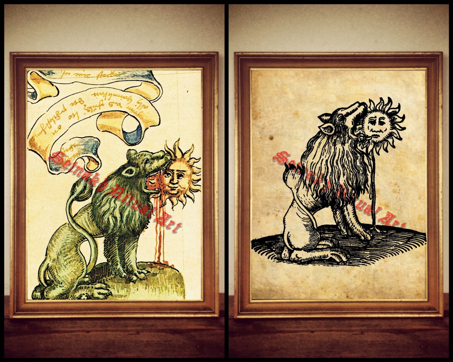 Lion devouring the Sun print, medieval illustration, alchemical poster, witchcraft, magick, alchemy, gift, occult symbol, magic picture #281