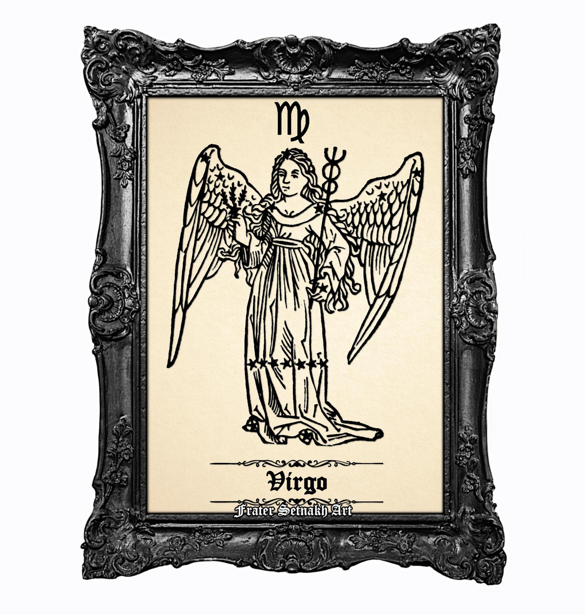 a framed illustration of a winged female figure, likely representing the zodiac sign Virgo.