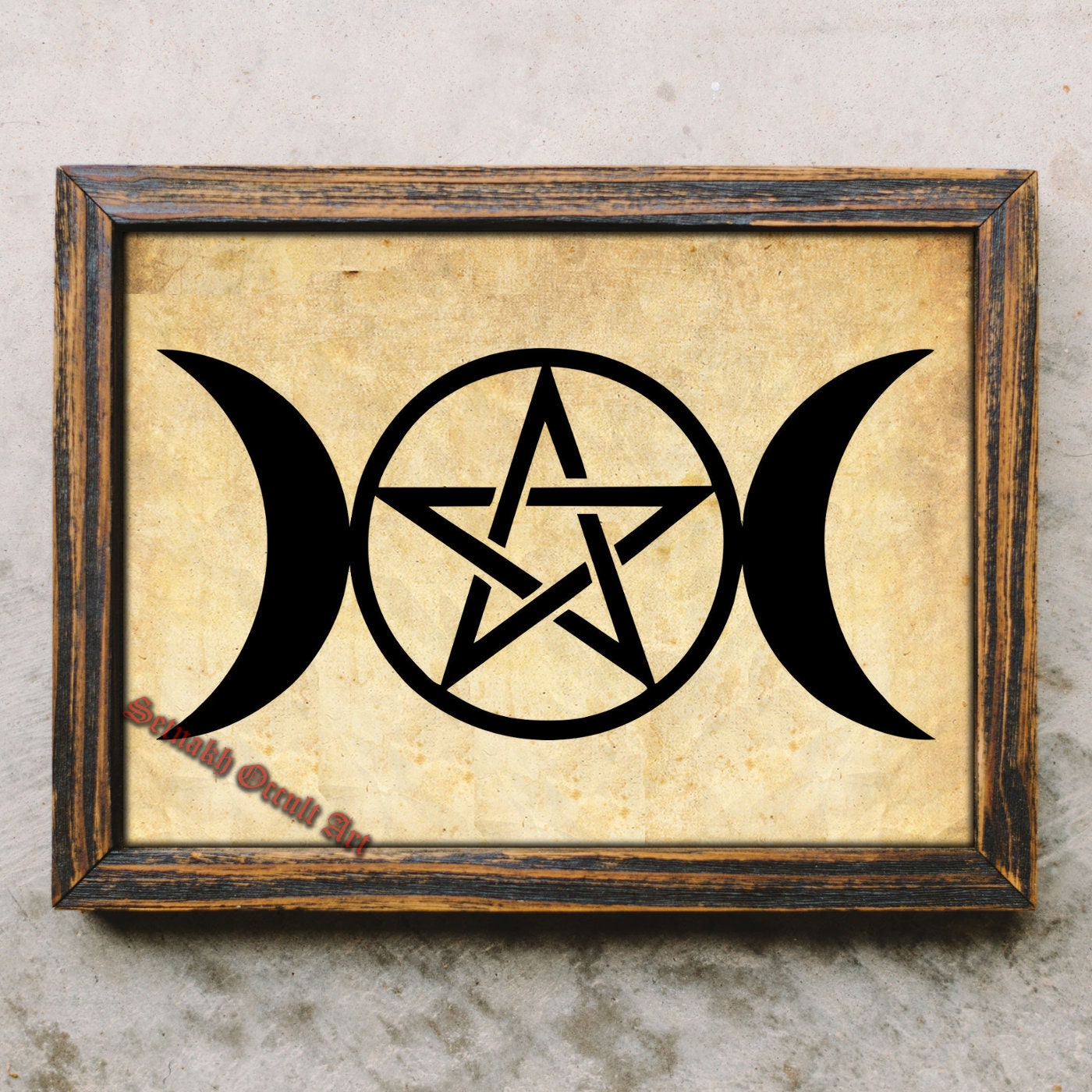 Triple Moon and pentagram, antiqued print,  wicca symbol, Pagan Witchcraft, neopagan art, occult, witchcraft, white magick #WS1