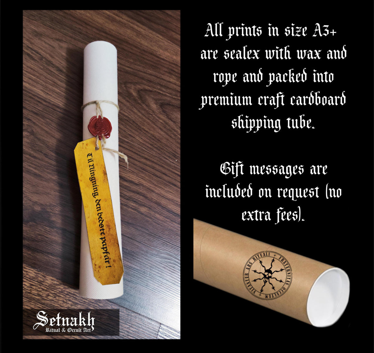 The image is a collage of two images. The left image shows a white scroll with a red wax seal and a yellow tag, while the right image displays a brown cardboard tube with a black and white emblem.