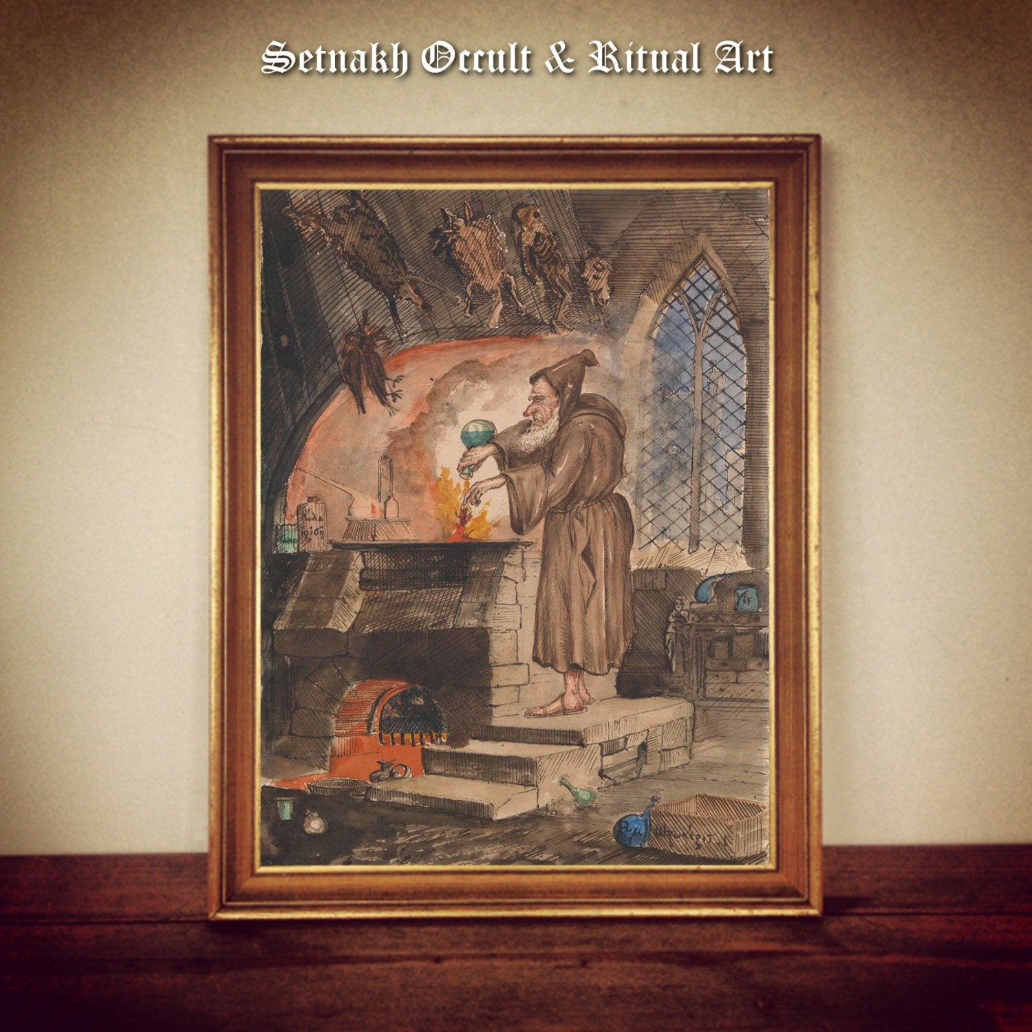 A hooded alchemist at a furnace. Above him hang dead animals. Caricature. dark art, occult poster, gothic gift, pagan home decor #W59
