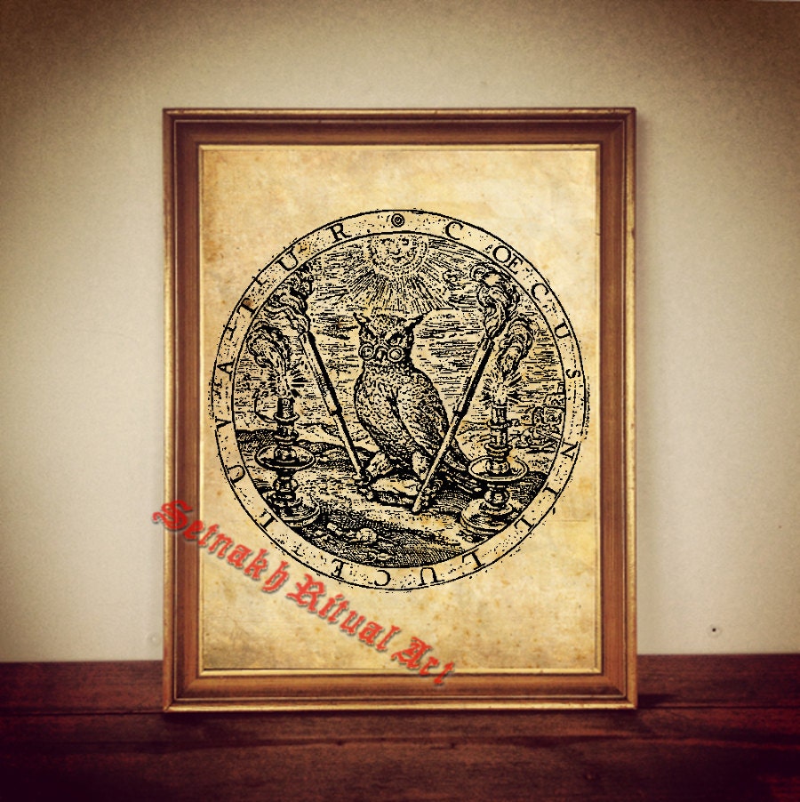 Owl print, Alchemical poster, Occult knowledge, antique paper, canvas, gnostic, hermetism, wiccan, witchcraft, magick, wise Owl symbol #85