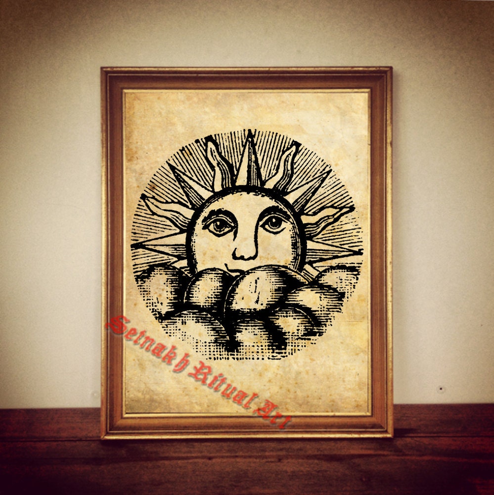 Sun antique print, celestial illustration, magic poster, vintage sky, magic home decor, alchemy, hermetism, gnostic art, occult gift #76