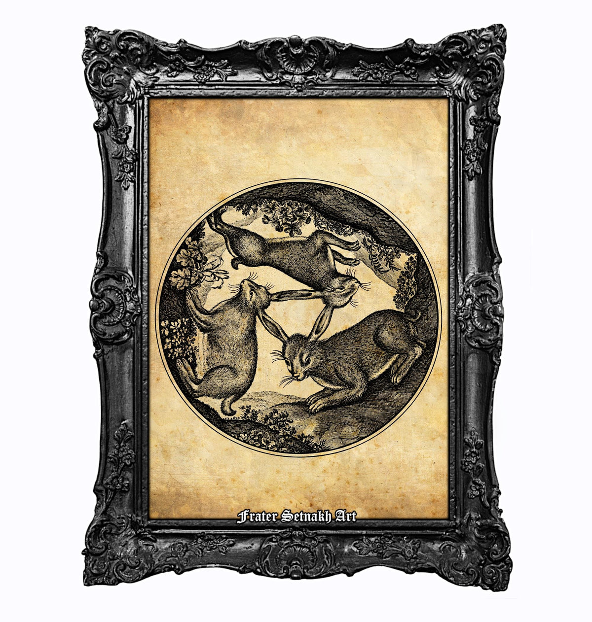 The image is a framed artwork depicting three rabbits in a circular arrangement, with one rabbit on the left, one in the center, and one on the right. Symbolic Three Hares.