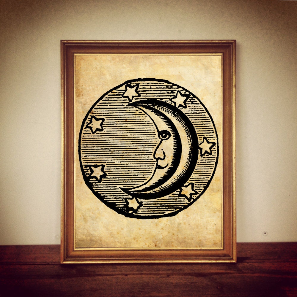 Moon and stars antique print, celestial illustration, magic Moon art, sky poster, vintage home decor, occult art, wiccan home gift #75