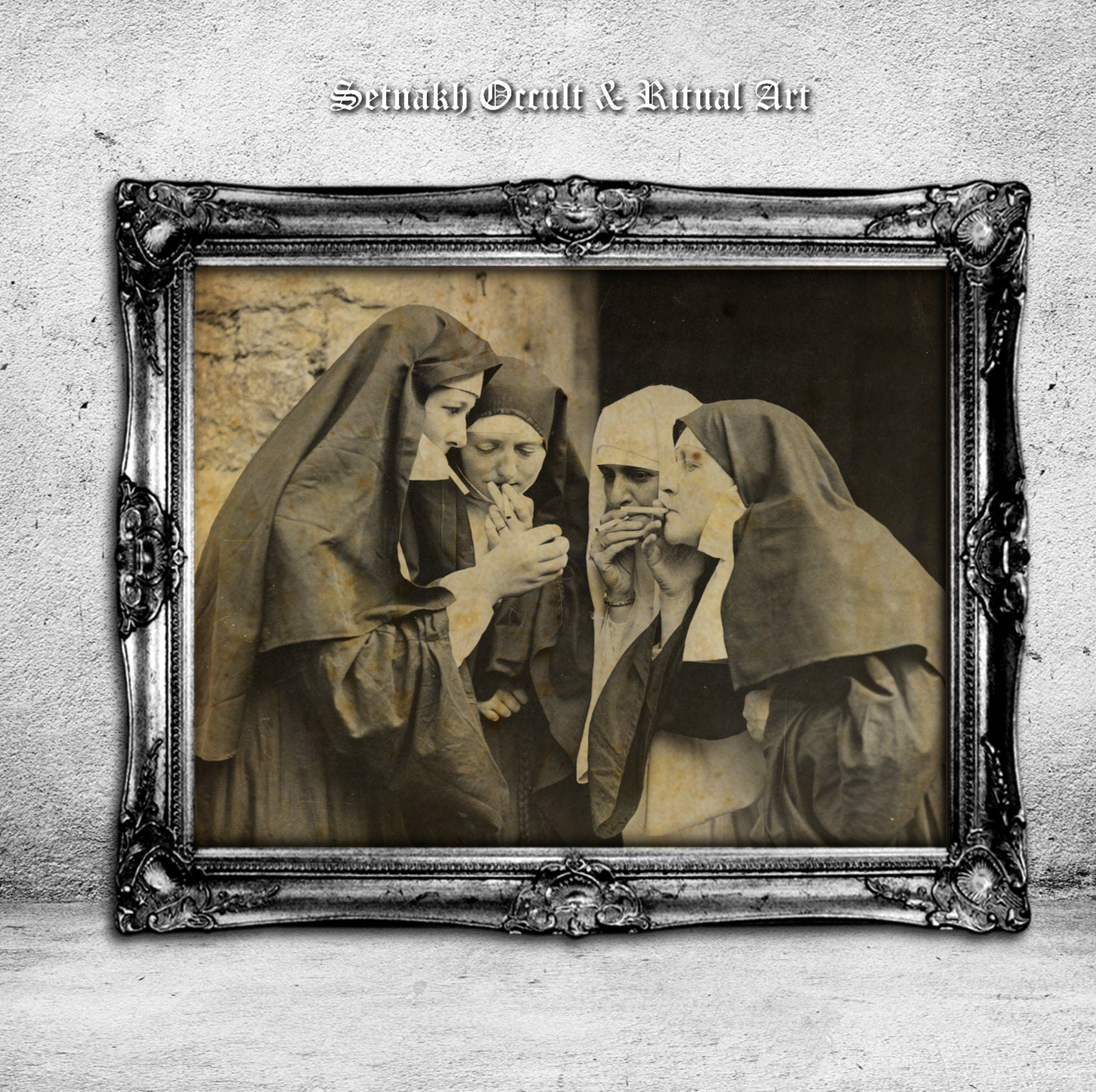 Smoking nuns, occult art, magic art, wiccan art, pagan art, gothic art, antique poster, vintage poster, rustic design #BZR1