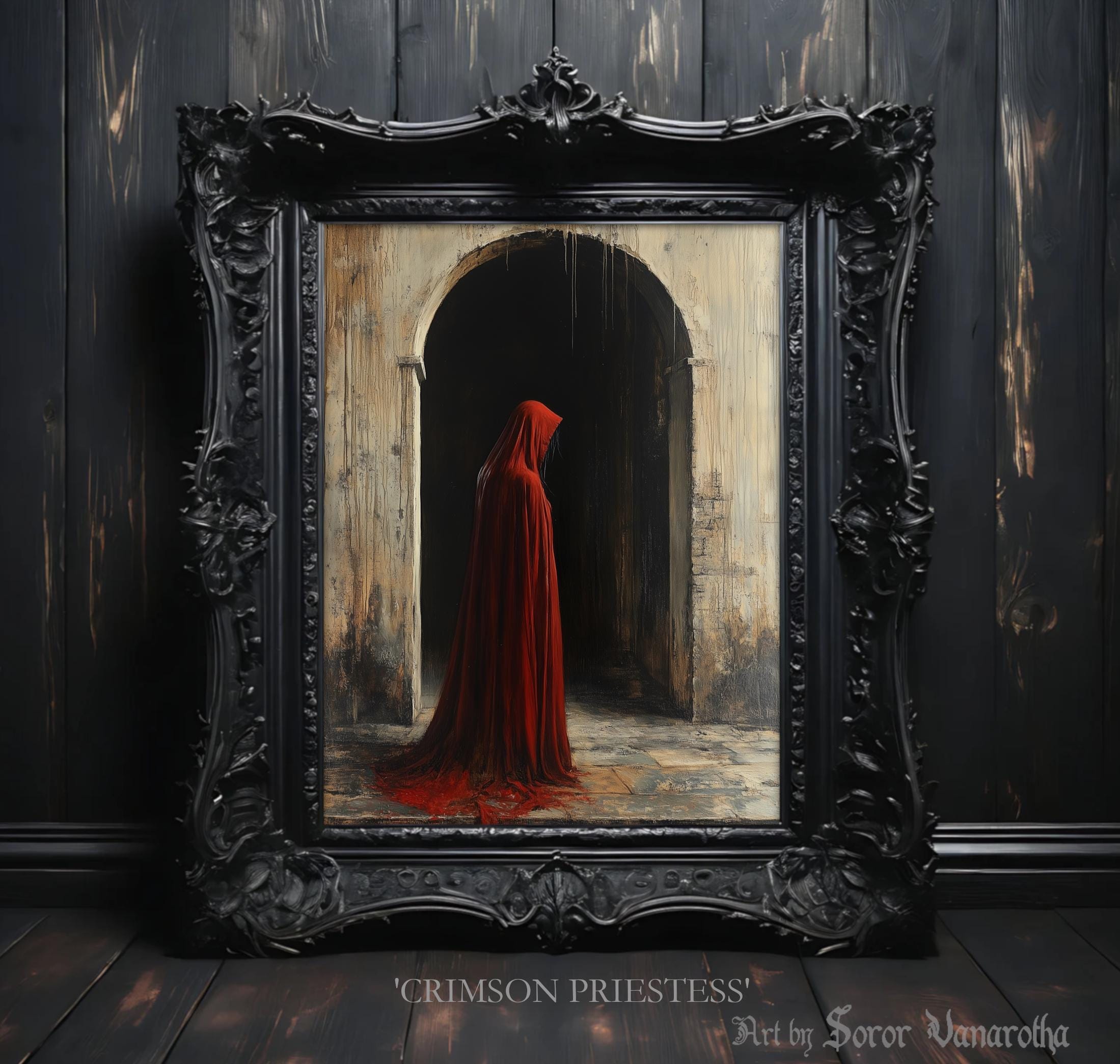 Crimson Priestess Art Print - Mysterious Figure in Red Robe in Castle, Dark Gothic Wall Art, Surreal Fantasy Decor, Witch Art Print #SV24