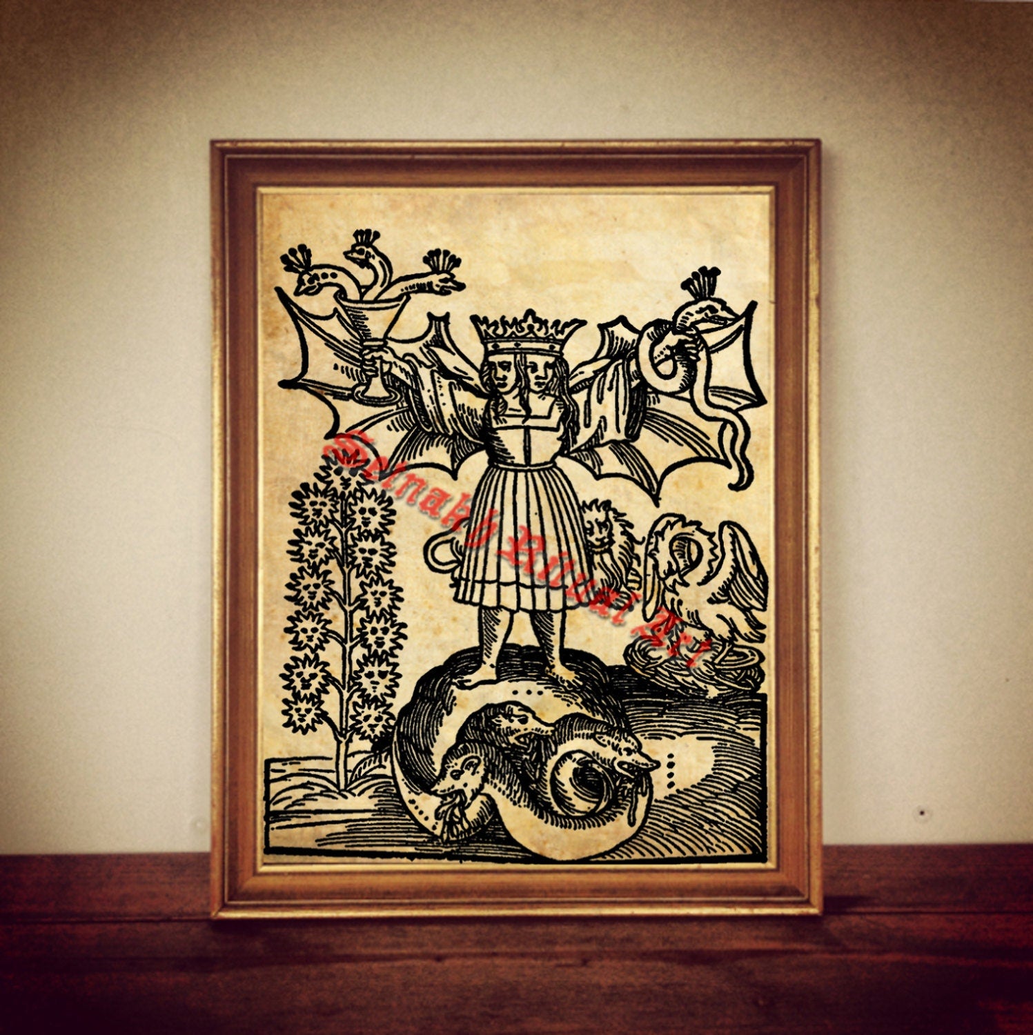 226# Alchemical print, sacred marriage, androgyne, chalice of snakes, alchemical illustration, esoteric poster occult print, magick, alchemy