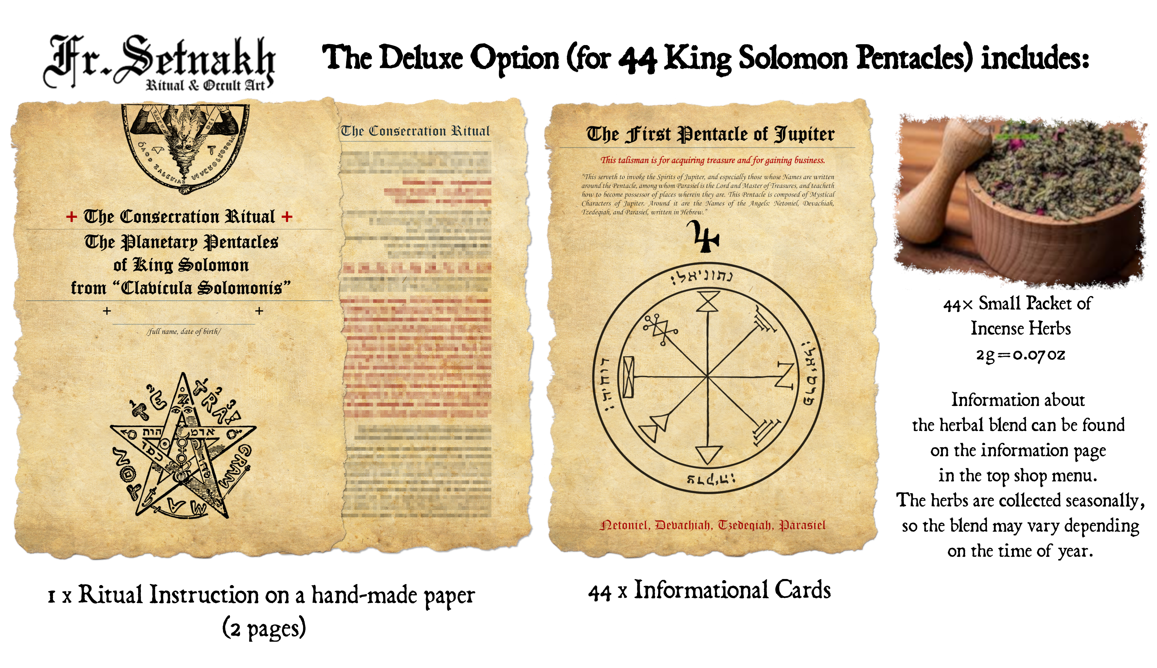 The Ritual Instruction - Printed on a hand-made parchments + Incense herbs / Fits Solomon Seals / 72 Angels / Moses Talismans